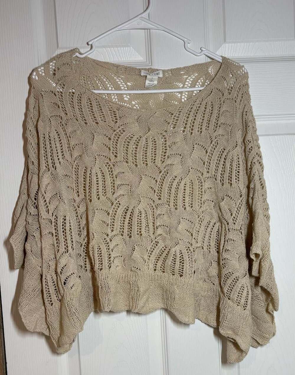Clover + Scout Cream Open Knit Hollow Out Batwing Sleeve Cropped Sweater